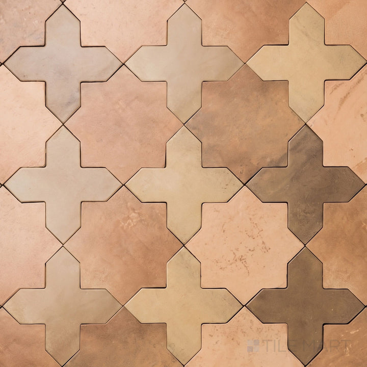 Overview of Amalfi 7x7 tile in mud cross and terracotta star checkerboard matte porcelain tile from an alternate angle highlighting its tile in mud and terracotta color contrast