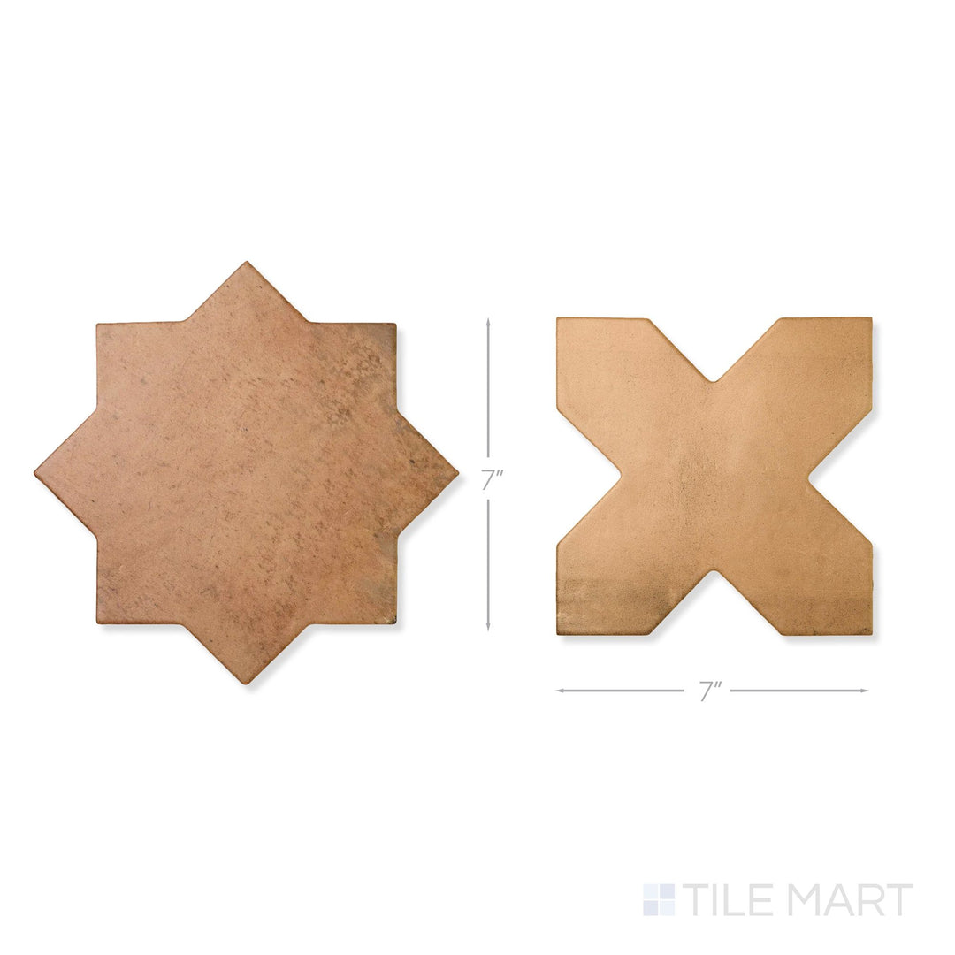 Top-down view of a single Amalfi 7x7 tile in mud cross and terracotta star checkerboard matte porcelain tile showing its interlocking geometric surface and matte finish detail