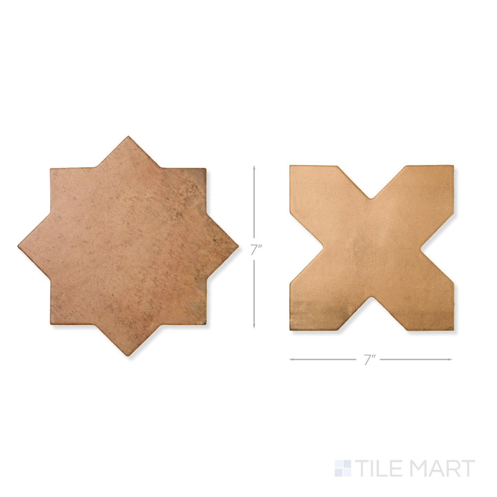 Top-down view of a single Amalfi 7x7 tile in mud cross and terracotta star checkerboard matte porcelain tile showing its interlocking geometric surface and matte finish detail