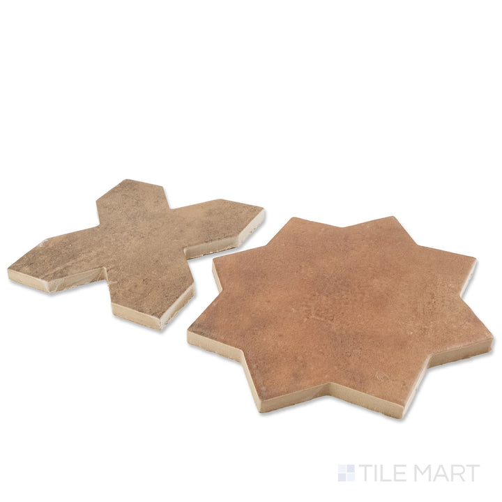Corner shot of Amalfi 7x7 tile in mud cross and terracotta star checkerboard matte porcelain tile revealing its edge profile and two-piece geometric matte surface