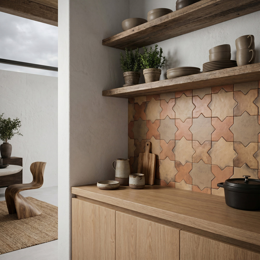 Amalfi 7x7 matte porcelain checkerboard tile with terracotta cross and mud star shapes emphasizing a rich, grounded palette with rustic artisan appeal