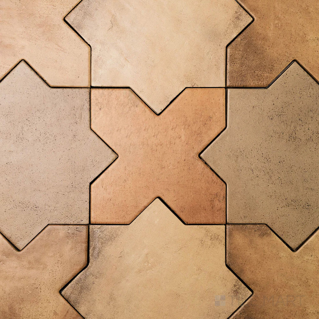 7x7 matte porcelain Amalfi checkerboard tile combining deep terracotta cross pieces with tonal mud star shapes