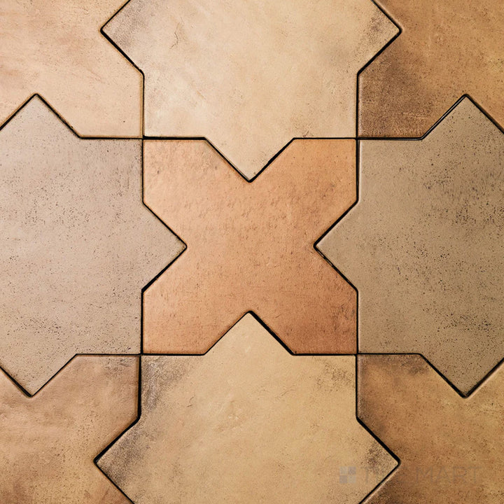 7x7 matte porcelain Amalfi checkerboard tile combining deep terracotta cross pieces with tonal mud star shapes