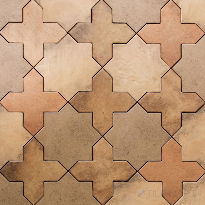 Overview of Amalfi 7x7 tile in terracotta cross and mud star checkerboard matte porcelain tile from an alternate angle highlighting its tile in terracotta and mud color contrast