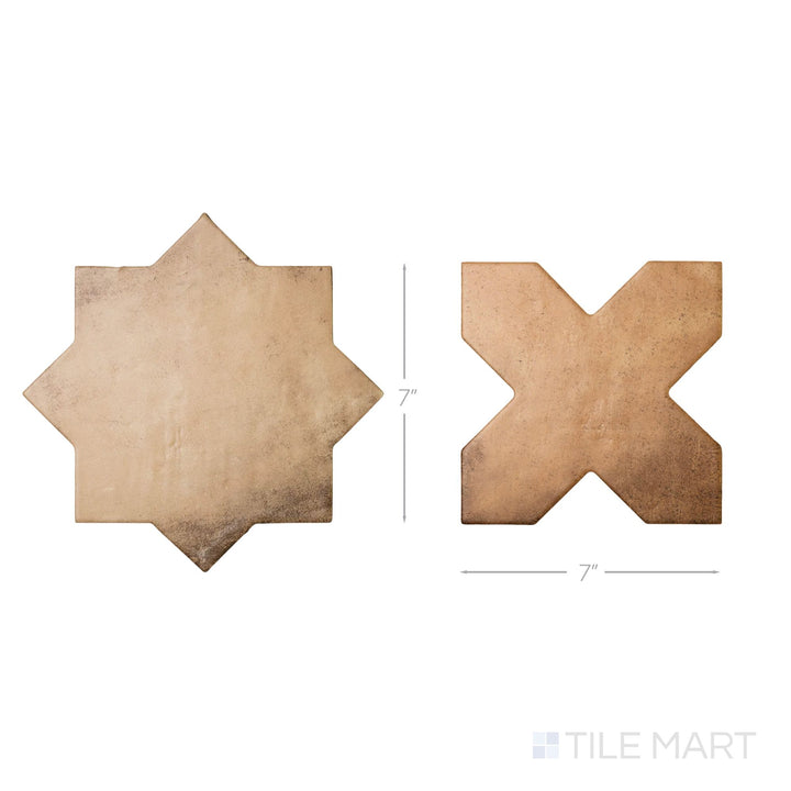 Top-down view of a single Amalfi 7x7 tile in terracotta cross and mud star checkerboard matte porcelain tile showing its interlocking geometric surface and matte finish detail