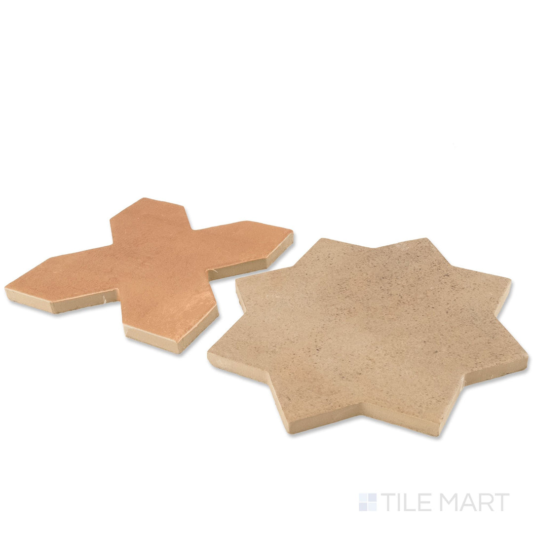 Corner shot of Amalfi 7x7 tile in terracotta cross and mud star checkerboard matte porcelain tile revealing its edge profile and two-piece geometric matte surface