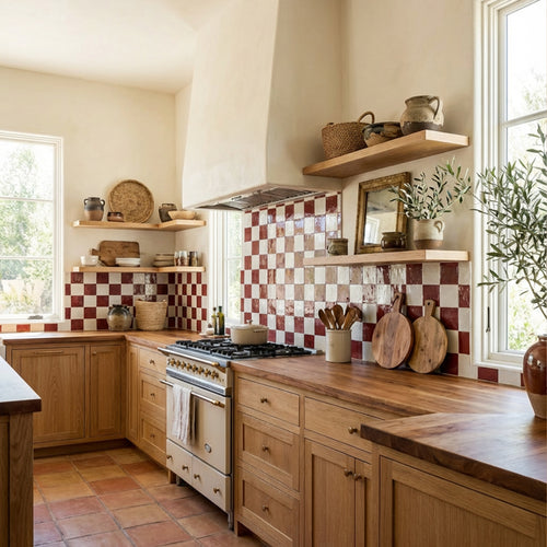 Village 5x5 Checkerboard Glossy Ceramic Tile in White and Aubergine