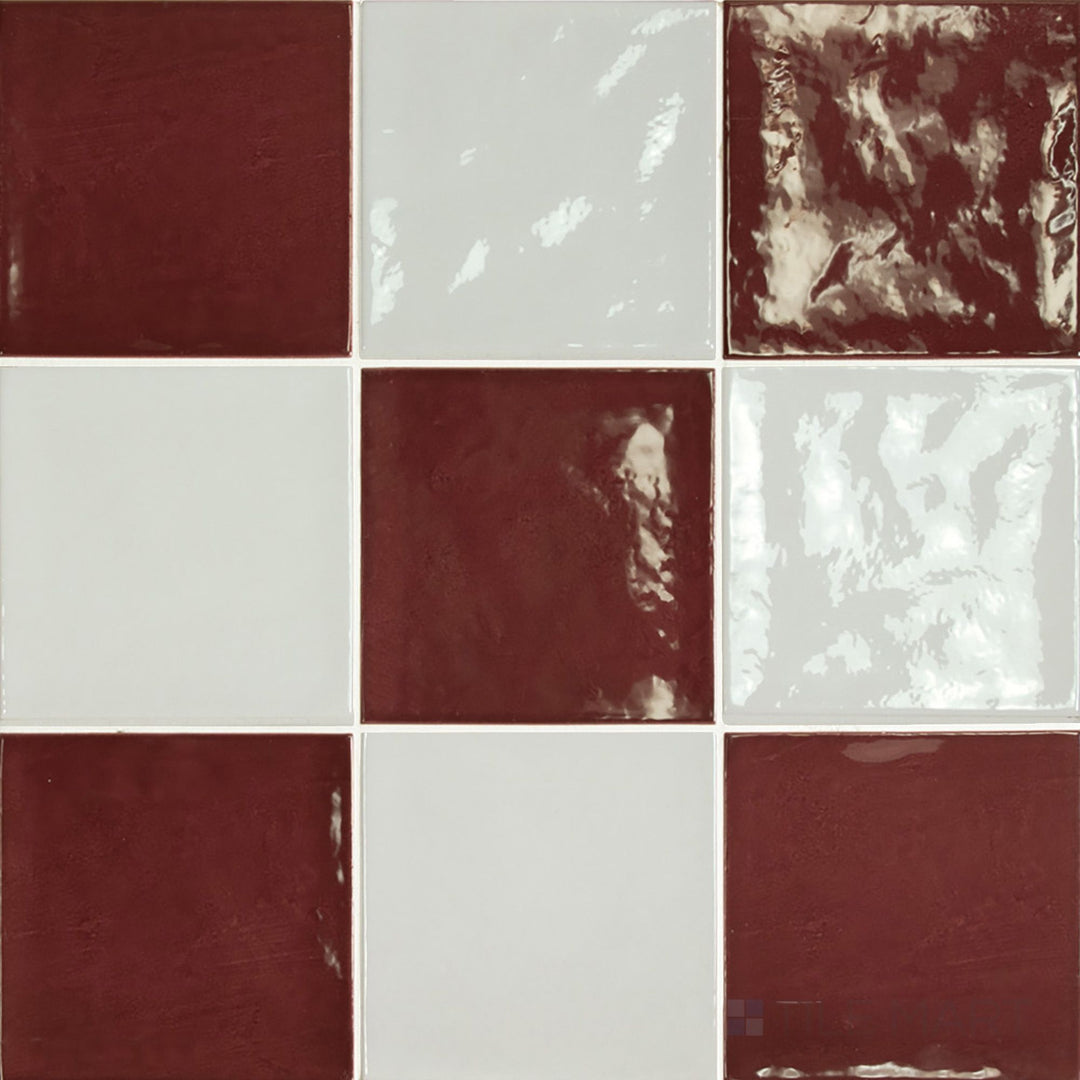 Glossy ceramic checkerboard tile in 5x5 squares alternating bright white with deep aubergine