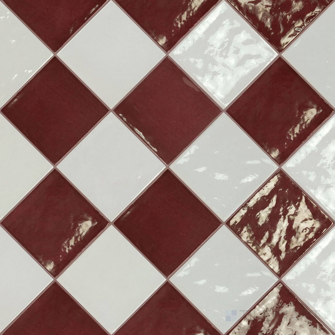 Overview of Village 5x5 white and aubergine checkerboard glossy ceramic tile from an alternate angle highlighting its vibrant two-tone contrast and glossy finish