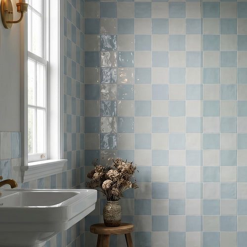 Village 5x5 Checkerboard Glossy Ceramic Tile in White and Cloud