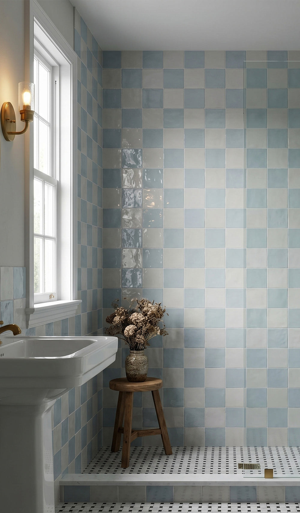 Village 5x5 glossy ceramic checkerboard tile in white and cloud reflecting a soft, airy palette with a barely-there tonal elegance