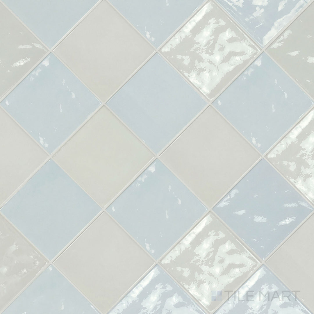 Overview of Village 5x5 white and cloud checkerboard glossy ceramic tile from an alternate angle highlighting its vibrant two-tone contrast and glossy finish