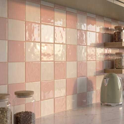 Village 5x5 Checkerboard Glossy Ceramic Tile in White and Rose Gold