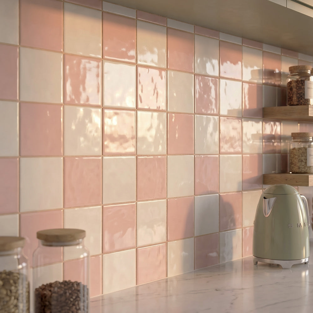 Village 5x5 glossy ceramic checkerboard tile in white and rose gold conveying a warm, blush-toned sophistication with luminous glossy finish