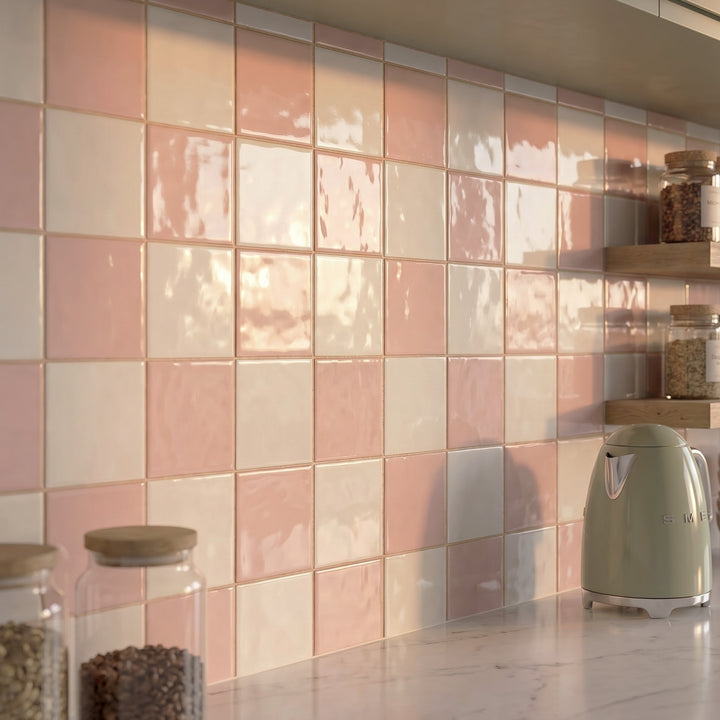 Village 5x5 glossy ceramic checkerboard tile in white and rose gold conveying a warm, blush-toned sophistication with luminous glossy finish