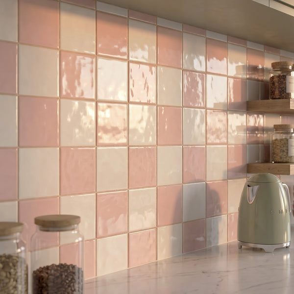 Village 5x5 glossy ceramic checkerboard tile in white and rose gold conveying a warm, blush-toned sophistication with luminous glossy finish