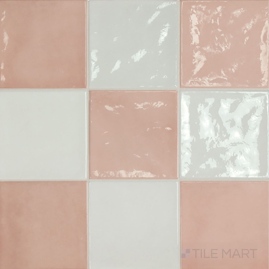 Glossy 5x5 ceramic checkerboard tile pairing crisp white with blush rose gold squares