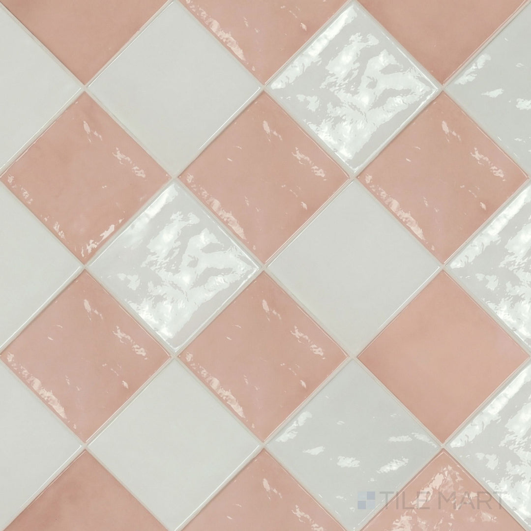 Overview of Village 5x5 white and rose gold checkerboard glossy ceramic tile from an alternate angle highlighting its vibrant two-tone contrast and glossy finish