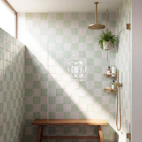 Village 5x5 Checkerboard Glossy Ceramic Tile in White and Mint