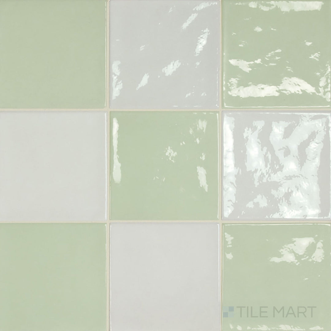 Fresh 5x5 glossy ceramic checkerboard tile alternating clean white and soft mint green squares