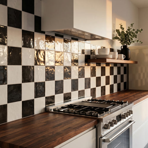 Village 5x5 Checkerboard Glossy Ceramic Tile in White and Black