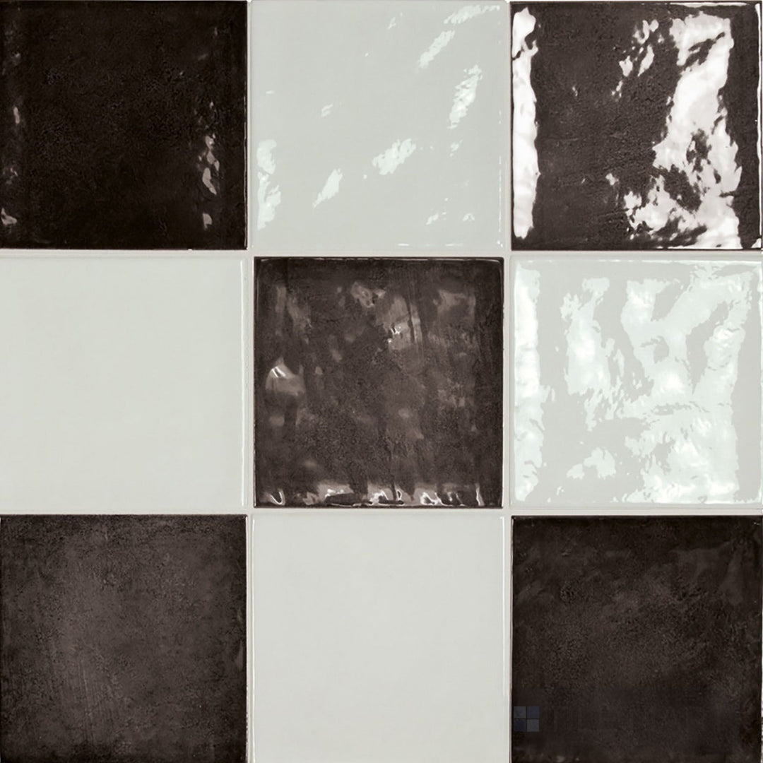 High-contrast 5x5 glossy ceramic checkerboard tile in classic white and bold black squares