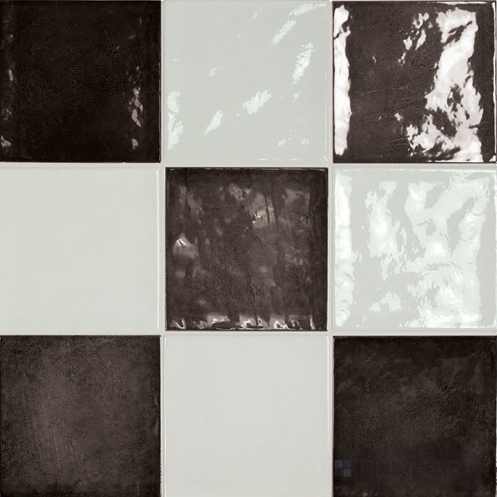 High-contrast 5x5 glossy ceramic checkerboard tile in classic white and bold black squares