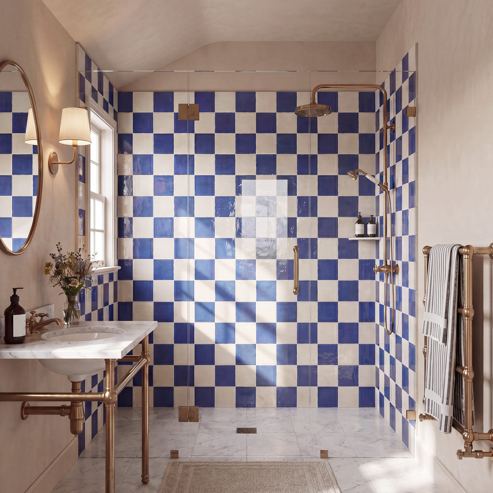 Village 5x5 glossy ceramic checkerboard tile in white and royal blue reflecting a vivid, striking contrast with a classic nautical-inspired appeal
