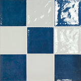 Village 5x5 Checkerboard Glossy Ceramic Tile in White and Royal Blue