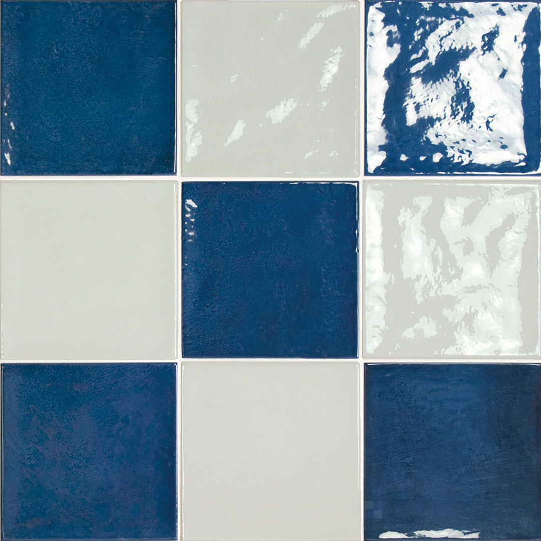 Vibrant 5x5 glossy ceramic tile featuring bright white and rich royal blue in a checkerboard pattern