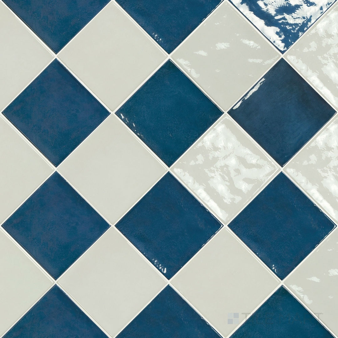 Overview of Village 5x5 white and royal blue checkerboard glossy ceramic tile from an alternate angle highlighting its vibrant two-tone contrast and glossy finish