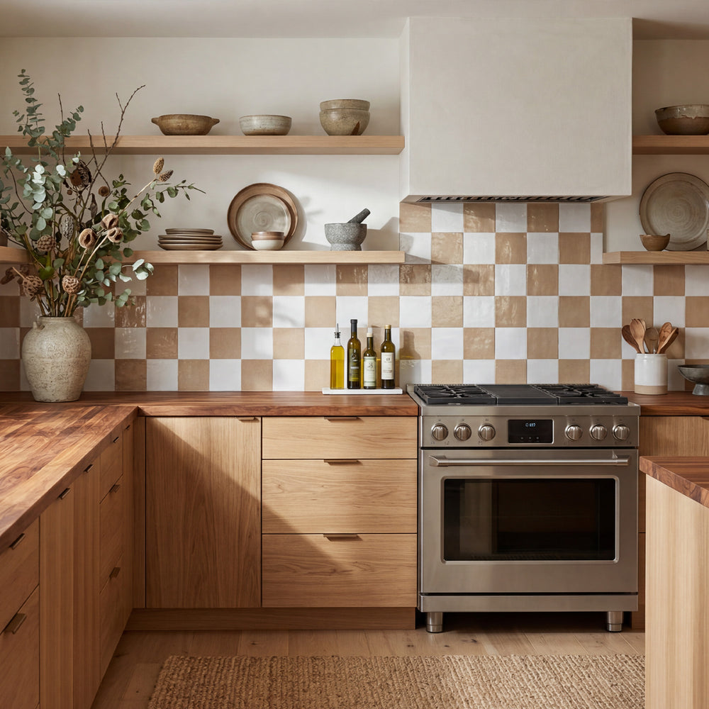 Village 5x5 glossy ceramic checkerboard tile in white and mushroom conveying a warm, neutral sophistication with an inviting understated elegance