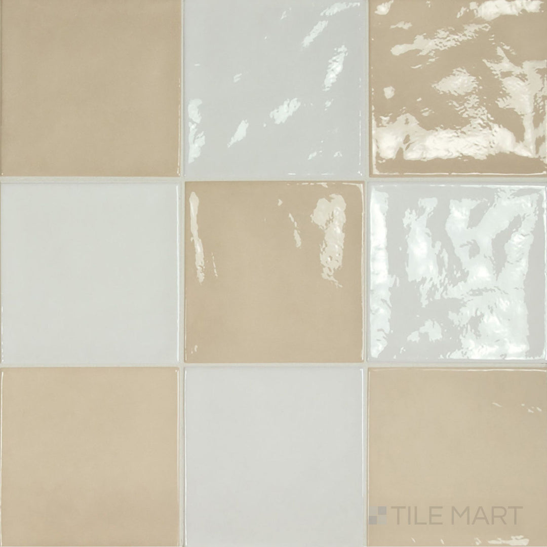 5x5 glossy ceramic checkerboard tile in a neutral pairing of white and warm mushroom squares