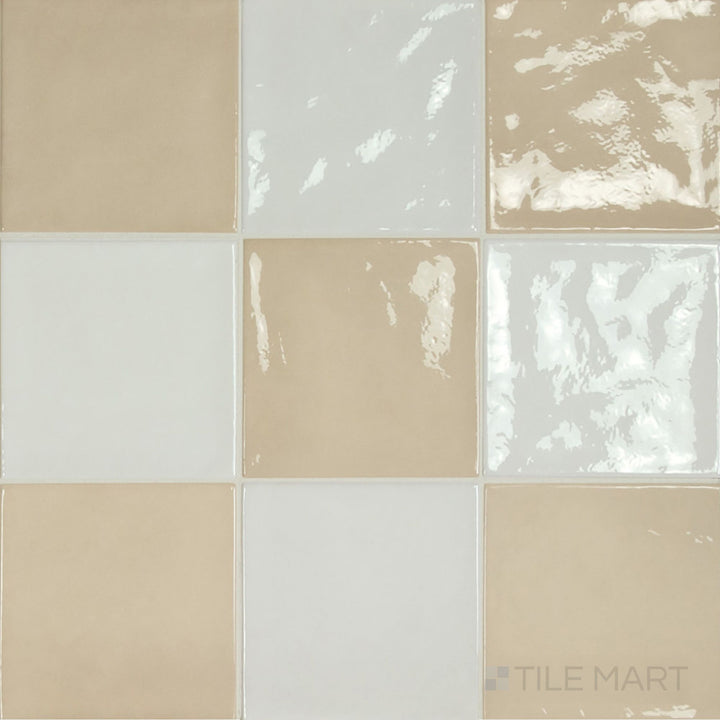 5x5 glossy ceramic checkerboard tile in a neutral pairing of white and warm mushroom squares