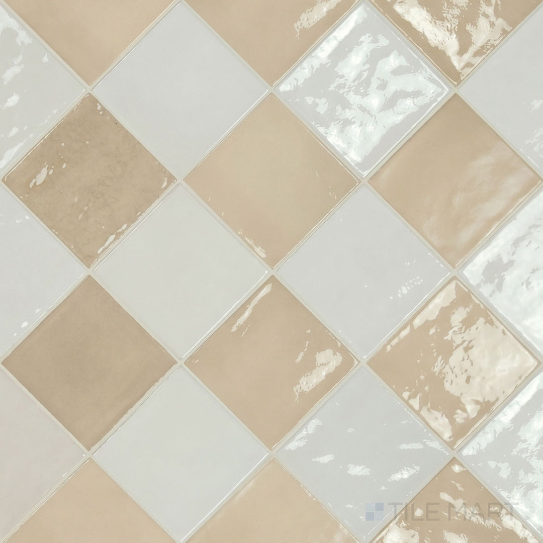 Overview of Village 5x5 white and mushroom checkerboard glossy ceramic tile from an alternate angle highlighting its vibrant two-tone contrast and glossy finish