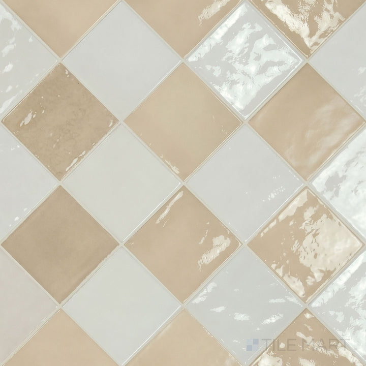 Overview of Village 5x5 white and mushroom checkerboard glossy ceramic tile from an alternate angle highlighting its vibrant two-tone contrast and glossy finish