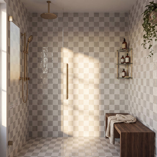 Village 5x5 Checkerboard Glossy Ceramic Tile in White and Silver Mist