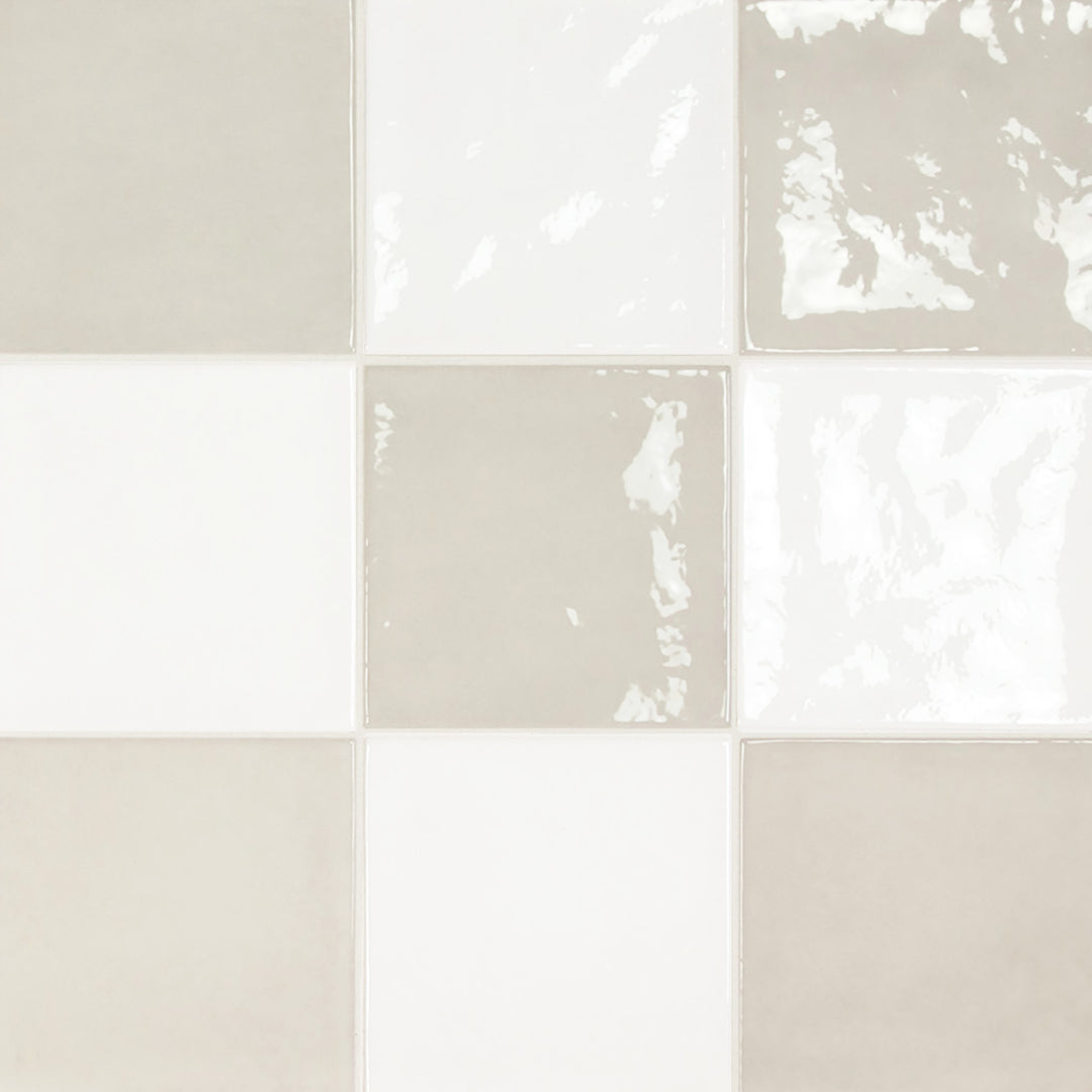 Luminous 5x5 glossy ceramic checkerboard tile combining white with cool shimmery silver mist squares