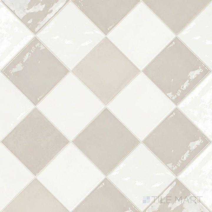Overview of Village 5x5 white and silver mist checkerboard glossy ceramic tile from an alternate angle highlighting its vibrant two-tone contrast and glossy finish