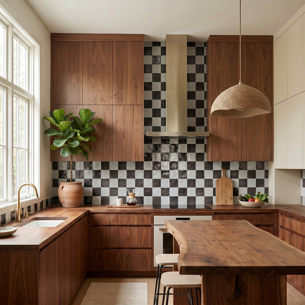Village 5x5 glossy ceramic checkerboard tile in silver mist and black capturing a sleek, moody contrast with a polished contemporary edge