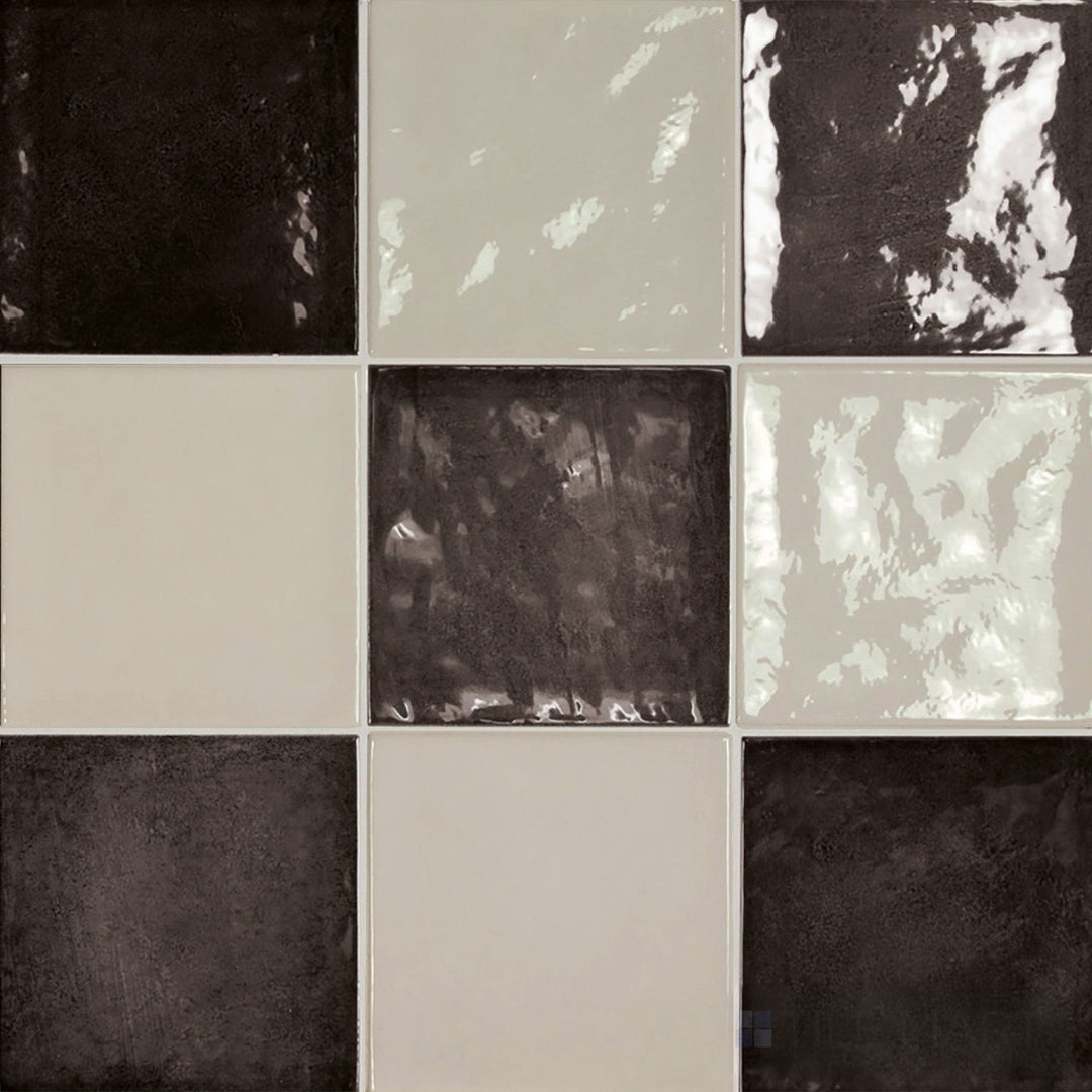 Sleek 5x5 glossy ceramic checkerboard tile contrasting cool silver mist with dramatic black squares