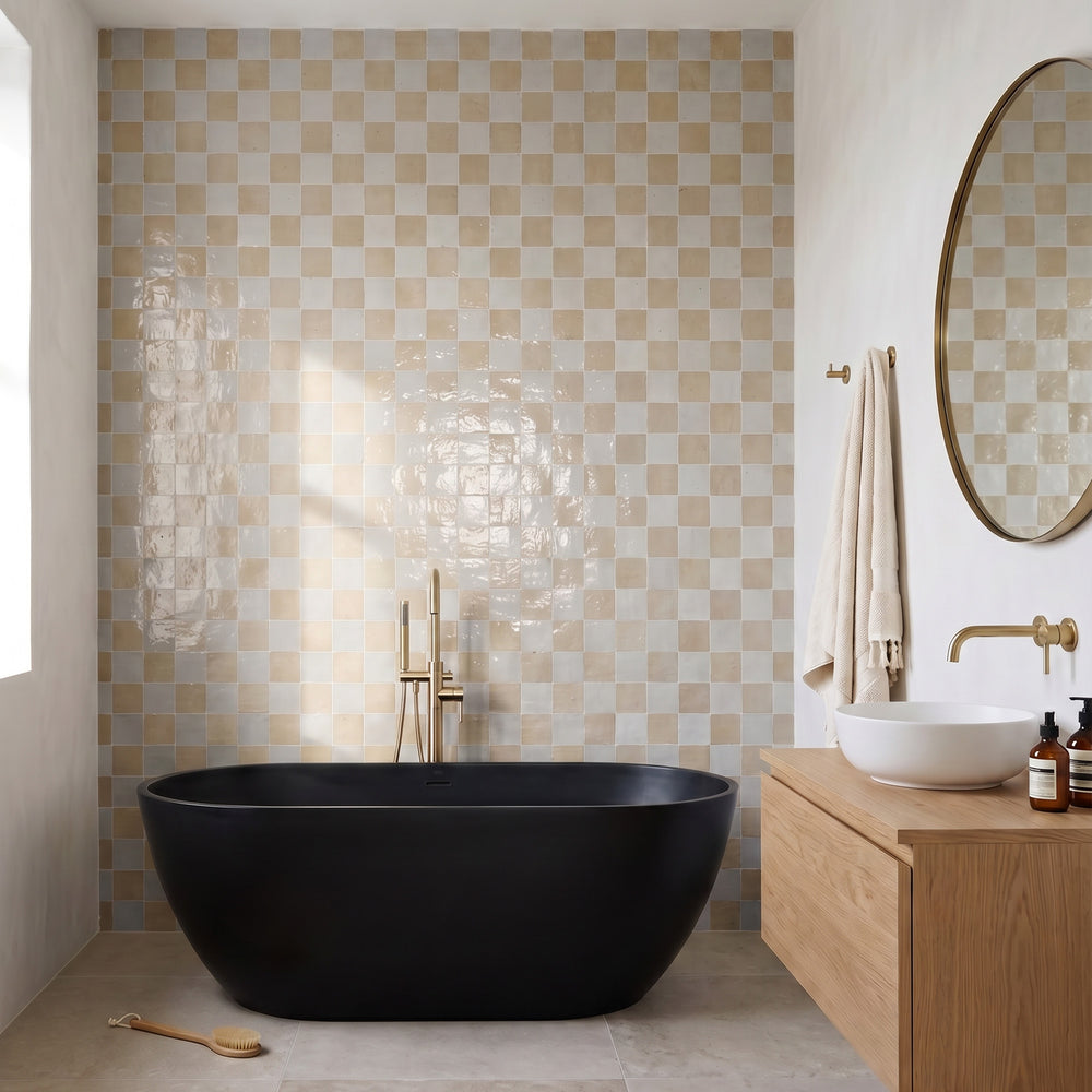 Village 5x5 glossy ceramic checkerboard tile in silver mist and mushroom reflecting a subtle tone-on-tone neutral pairing with refined glossy warmth