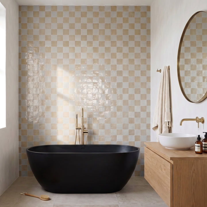 Village 5x5 glossy ceramic checkerboard tile in silver mist and mushroom reflecting a subtle tone-on-tone neutral pairing with refined glossy warmth