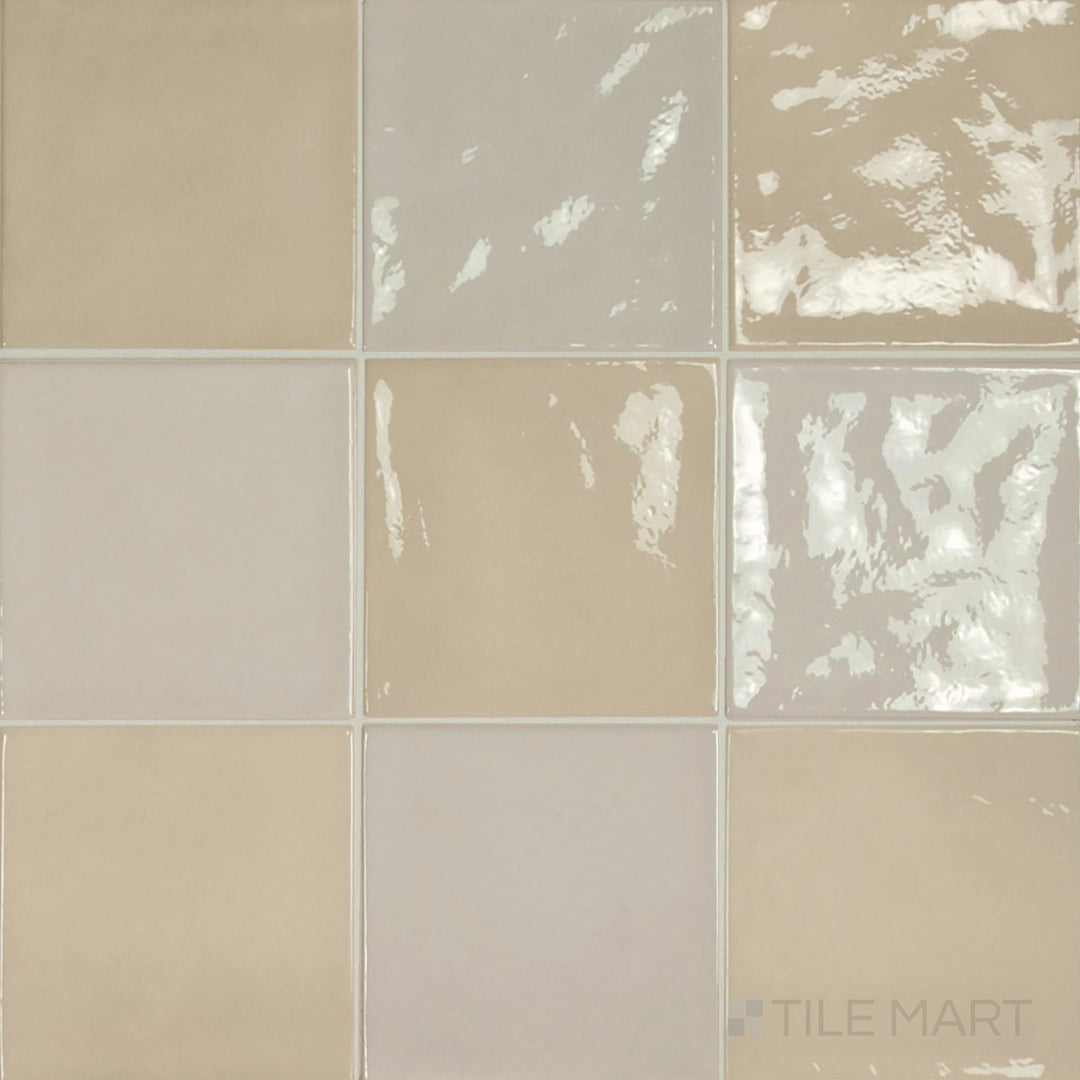 Subtle tone-on-tone 5x5 glossy ceramic tile blending silver mist and warm mushroom in a checkerboard layout