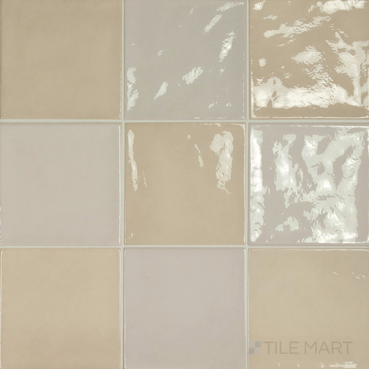 Subtle tone-on-tone 5x5 glossy ceramic tile blending silver mist and warm mushroom in a checkerboard layout