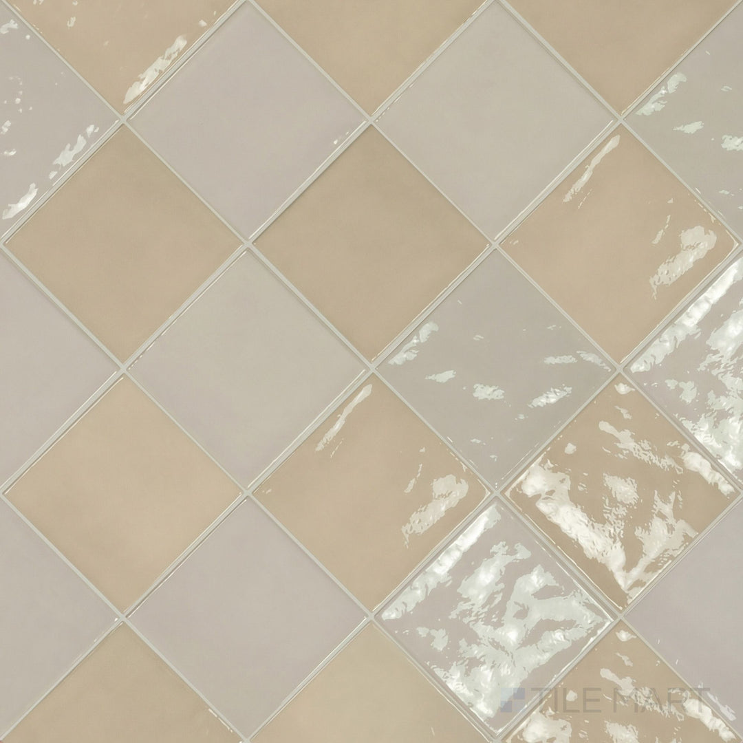 Overview of Village 5x5 silver mist and mushroom checkerboard glossy ceramic tile from an alternate angle highlighting its vibrant two-tone contrast and glossy finish