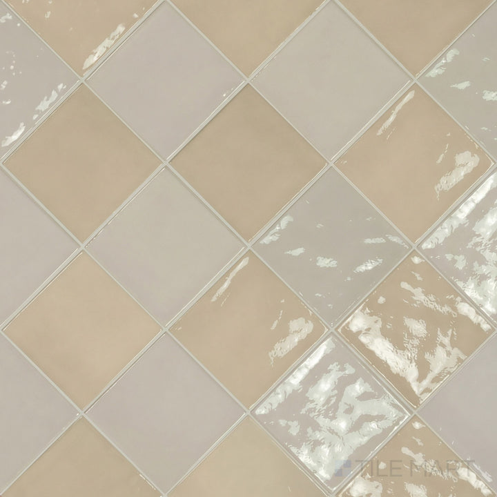 Overview of Village 5x5 silver mist and mushroom checkerboard glossy ceramic tile from an alternate angle highlighting its vibrant two-tone contrast and glossy finish