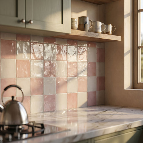 Village 5x5 Checkerboard Glossy Ceramic Tile in Silver Mist and Rose Gold