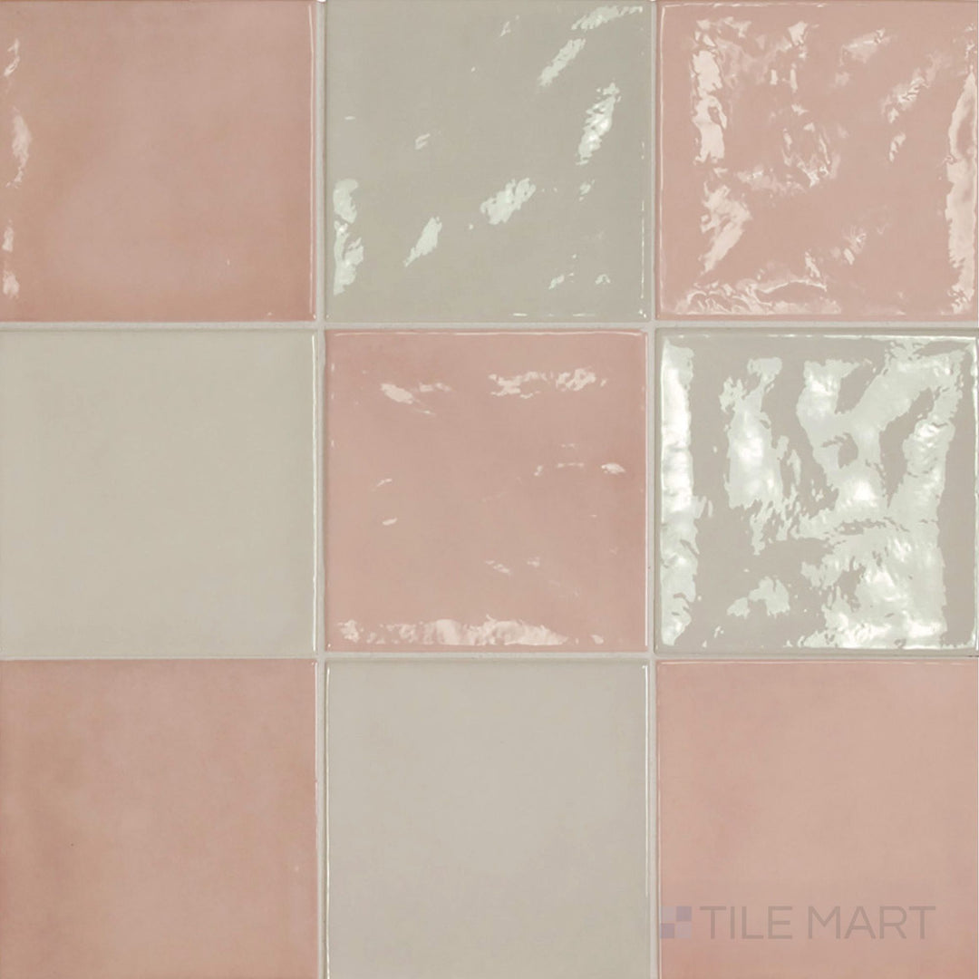 5x5 glossy ceramic checkerboard tile with an elegant mix of silvery mist and soft rose gold squares