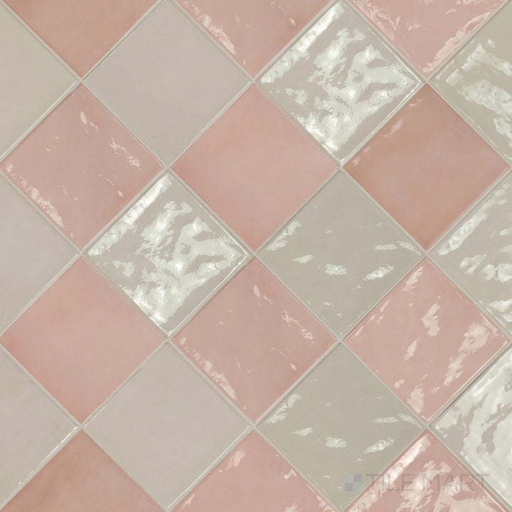 Overview of Village 5x5 silver mist and rose gold checkerboard glossy ceramic tile from an alternate angle highlighting its vibrant two-tone contrast and glossy finish